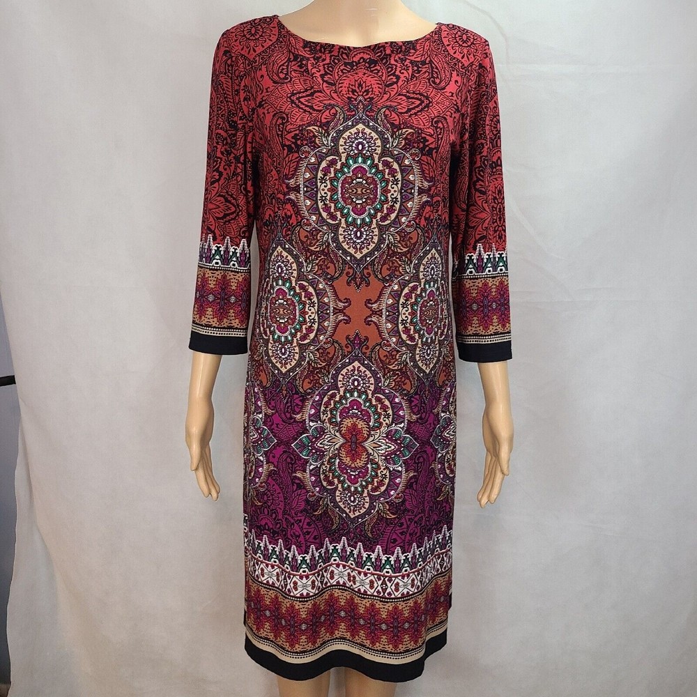 London Times Women's (6) Burgundy & Black 3/4 Sleeve Shift Dress